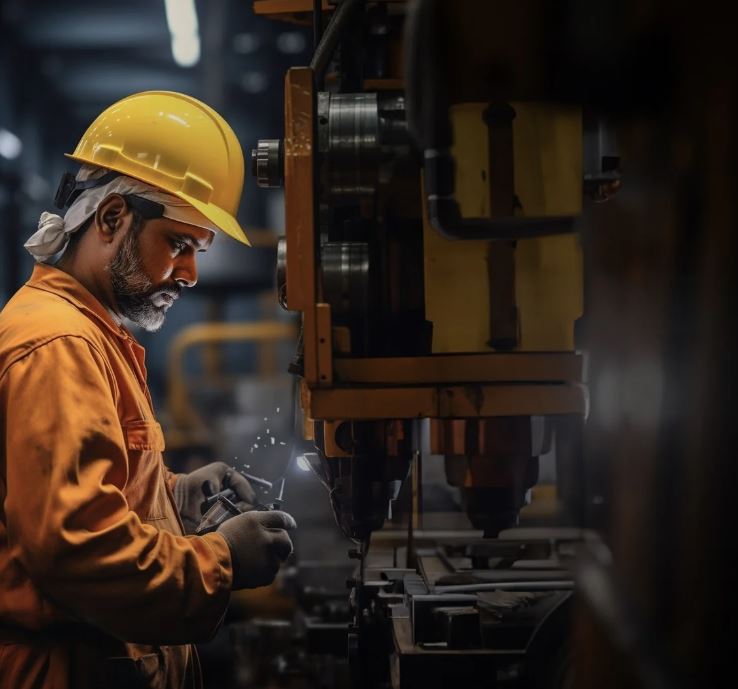 Skilled blue-collar worker operating industrial machinery