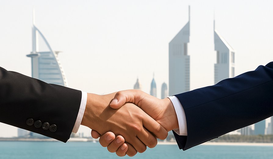 Two business leaders shaking hands with the Gulf skyline behind them
